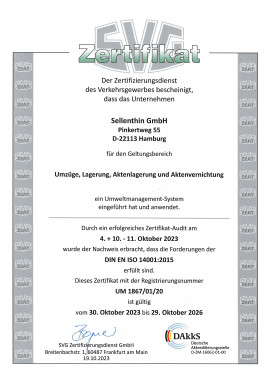 Zertifikat des SVG Zertifizierungsdienstes mit Angaben zur Sellenthin GmbH, Hamburg. Enthält Prüftermine, erfüllte Standards und Gültigkeitszeitraum.